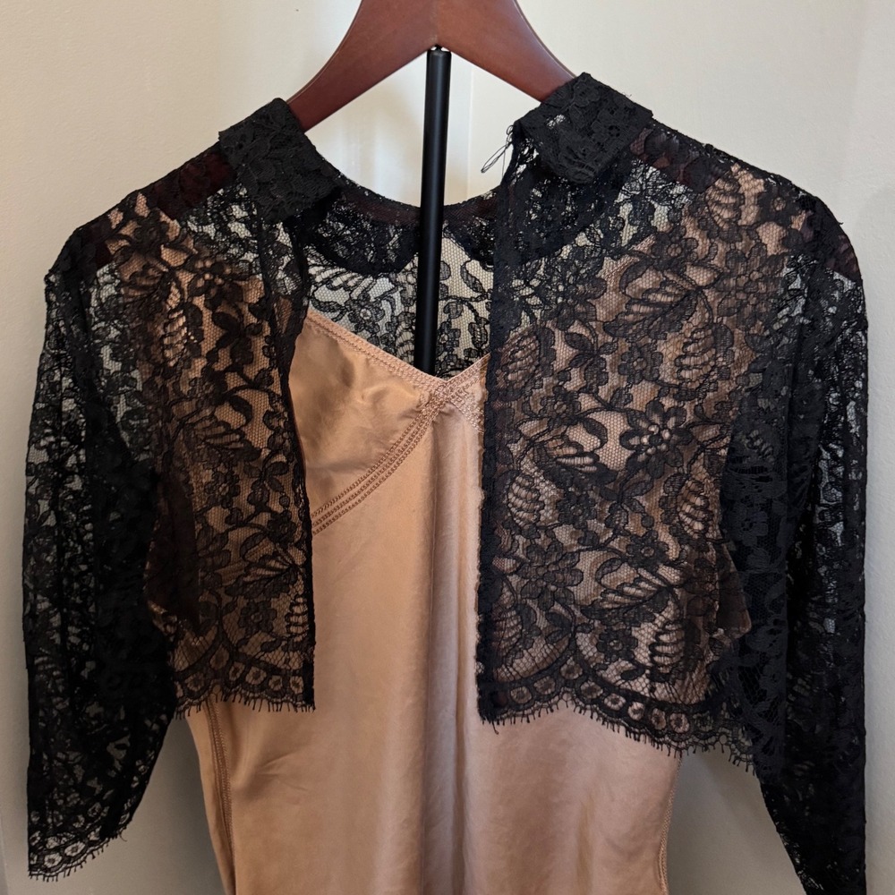 Black Floral Lace Shrug High Neck 3/4 Small Sleeve Cropped Jacket Layering Vtg‎